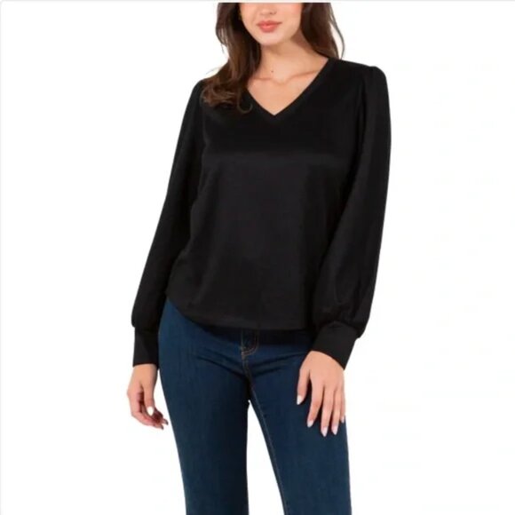 NWoT Fever Women's Ribbed V-Neck Long Sleeve Pullover Top Black Size S $60 3C617 - Picture 1 of 4
